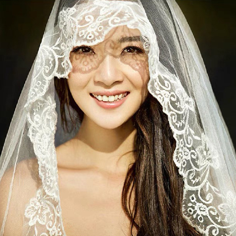 直销韩式新娘结婚头纱主婚纱头饰蕾丝花边1.5米短款3米拖尾超长万