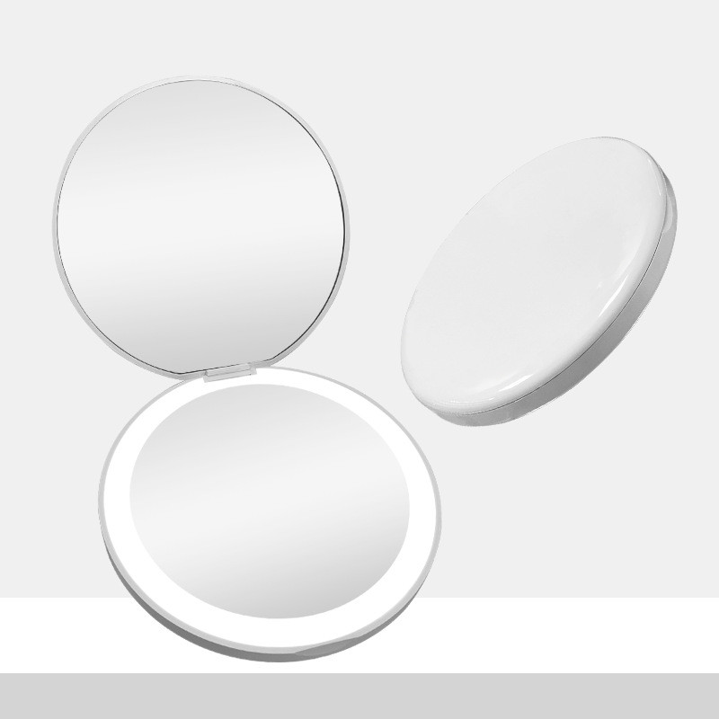 现货折叠口袋化妆镜手持随身圆形补光led补妆美容镜5x放大