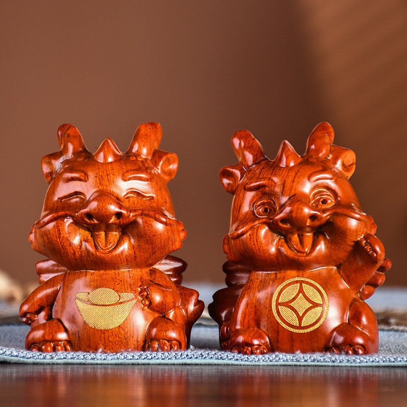 黑檀木雕生肖桌面摆件实木招财龙现代简约可爱龙办公室车载装饰品