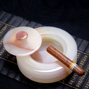 ?摆件天然玉石带盖烟灰缸时尚轻奢客厅家用大理石级感中式礼