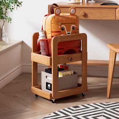 全实木儿童蒙氏书包架桌旁桌下可移动书架收纳小推车放书包置物架