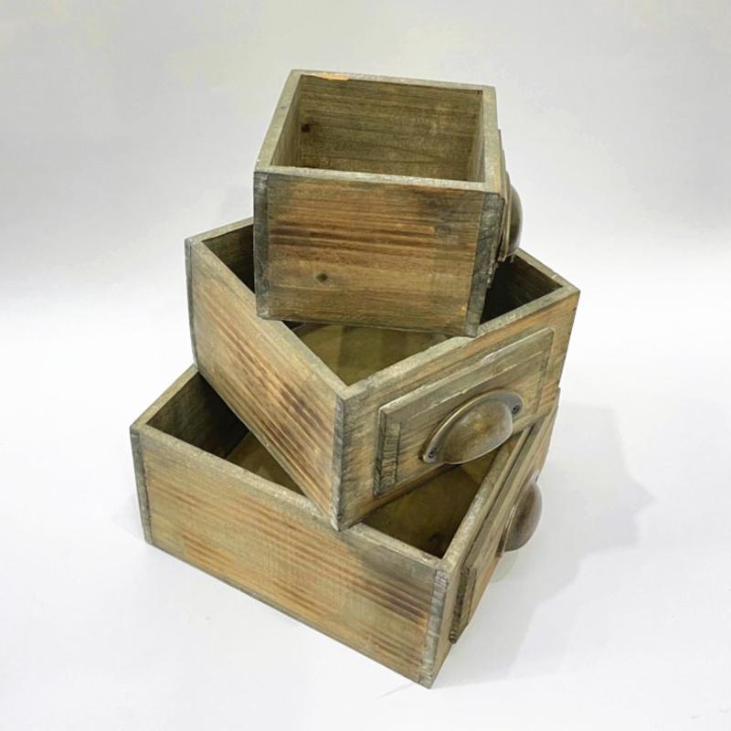 棕色设计植物种植木花盆家居储物收纳套三抽屉木盒