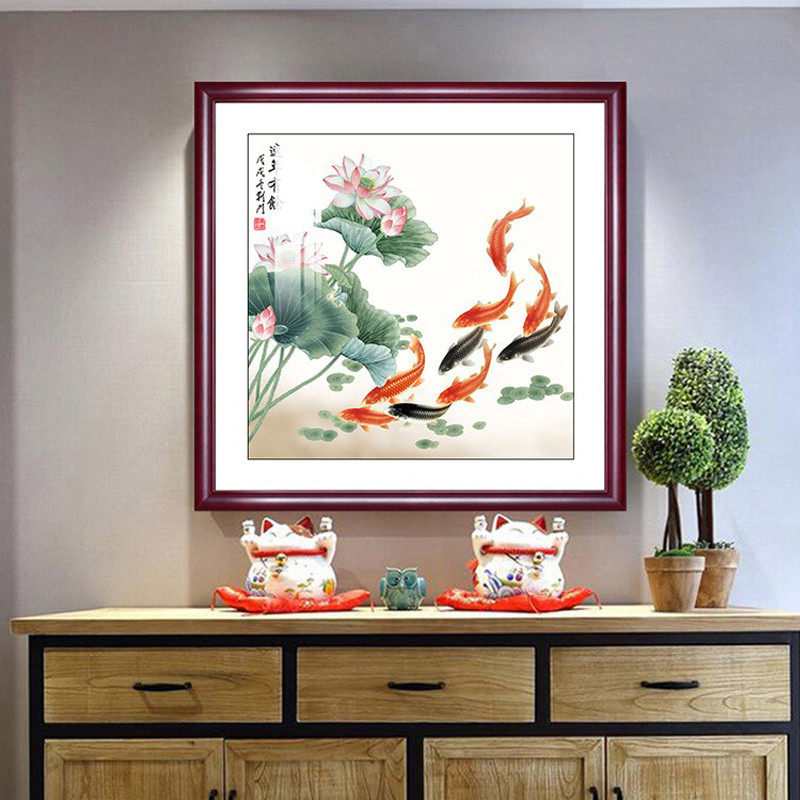 九鱼图招财鲤新中式装饰画餐厅进门玄关挂画连年有余客厅壁画