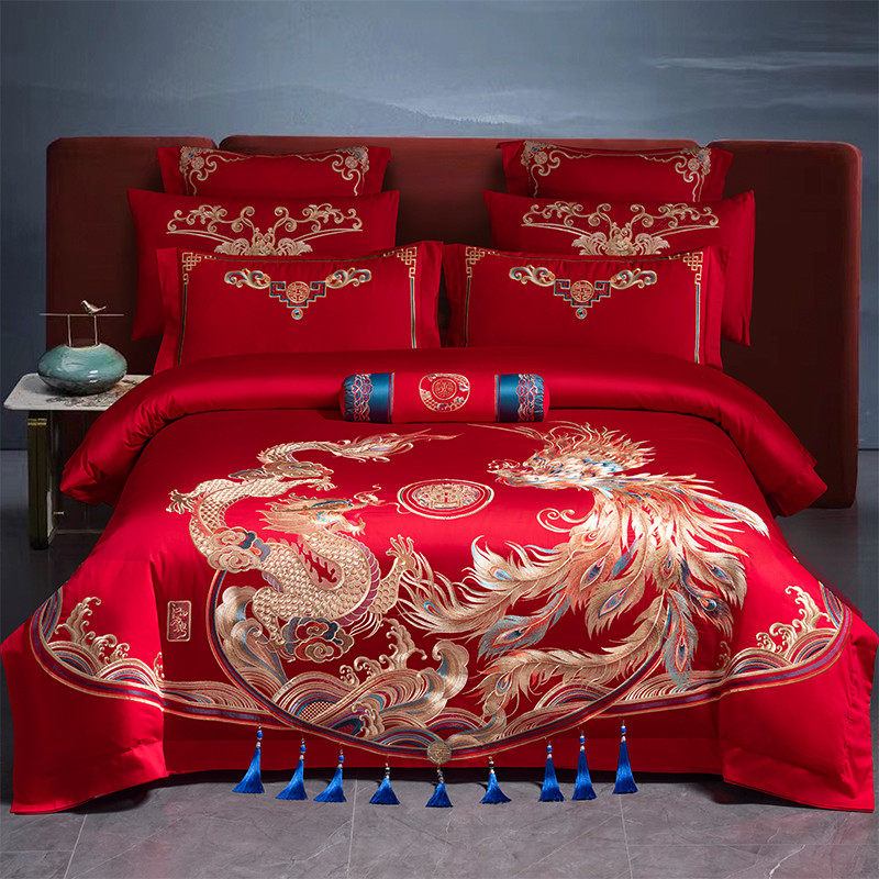 140支婚庆四件套全棉刺绣大红色婚房龙凤结婚高档新婚房床上用品4,床上用品,婚庆床品套件,淘宝优惠券,粉丝福利购,淘宝优惠卷