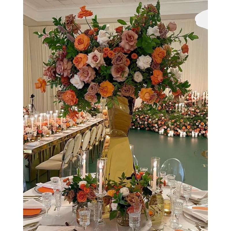 新款婚庆道具金色不锈钢餐桌花器婚礼生日派对酒店美陈装饰品摆件