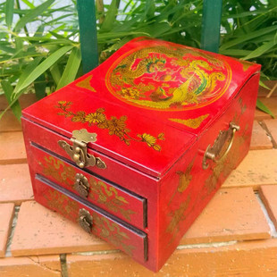 明清工艺梳妆盒仿古木质小影视婚庆礼品两抽桌面化妆盒镜盒道具