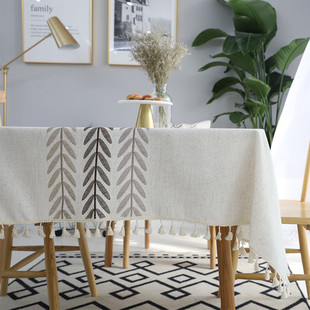 高档立体绣花流苏桌布北欧风餐桌布长方形棉麻台布定制批发