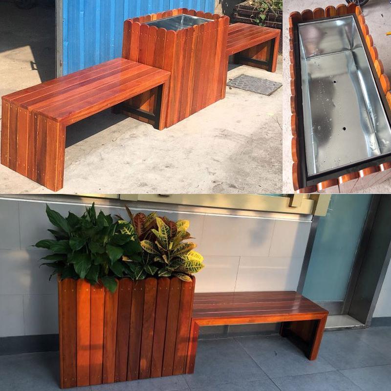 厂家批发实木座椅室外钢木结构组合花箱坐凳防腐木花箱长条椅花槽