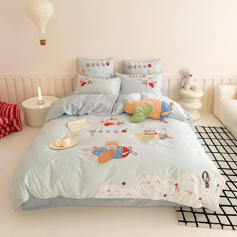 卡通风100s床单可爱贴布绣被套长绒棉四件套全棉1.8m床上用品1.5m