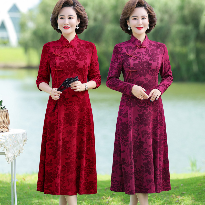 高货速发妈妈装高贵改良旗连衣裙喜婆婆参加婚宴礼服中年女气质中