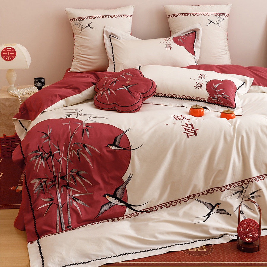 新中式欢喜婚庆四件套全棉100支长绒棉刺绣红色结婚被套床单床笠,床上用品,婚庆床品套件,淘宝优惠券,粉丝福利购,淘宝优惠卷