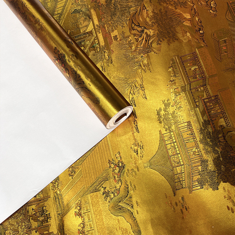 清明上河图饭店3d背景墙壁纸书房茶室客厅餐厅中式古典金箔墙纸