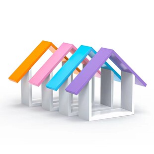 超市展示架彩色小房子货架端头顶层陈列装饰陈列彩色木盒子六边形