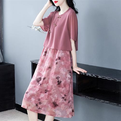 夏季妈妈装新款加大码胖MM240斤新中式假两件连衣裙子中老年女装