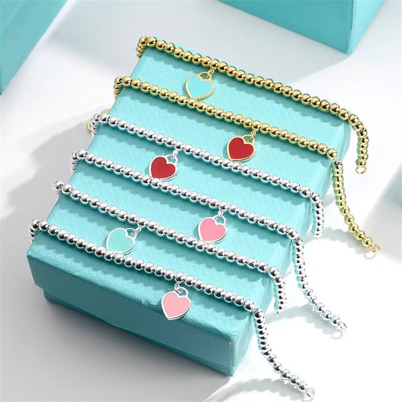 美己t家珠子珐琅爱心手链清新仙气百搭送女友闺蜜4mm圆珠桃心手饰