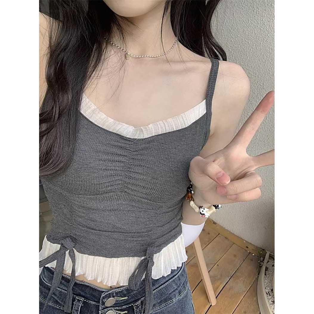 韩系芭蕾风少女带胸垫打结木耳边纯欲性感辣妹内搭外穿吊带背心女,女装/女士精品,背心吊带,淘宝优惠券,粉丝福利购,淘宝优惠卷