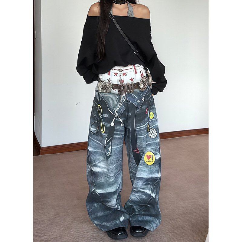 美式高街纹理拼接双裤头直筒牛仔裤女2025年秋季新款小众阔腿裤子,女装/女士精品,牛仔裤,淘宝优惠券,粉丝福利购,淘宝优惠卷