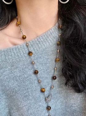 《西柚氧》美拉德天然精品虎眼石仿大溪地珍珠多种戴法毛衣链项链