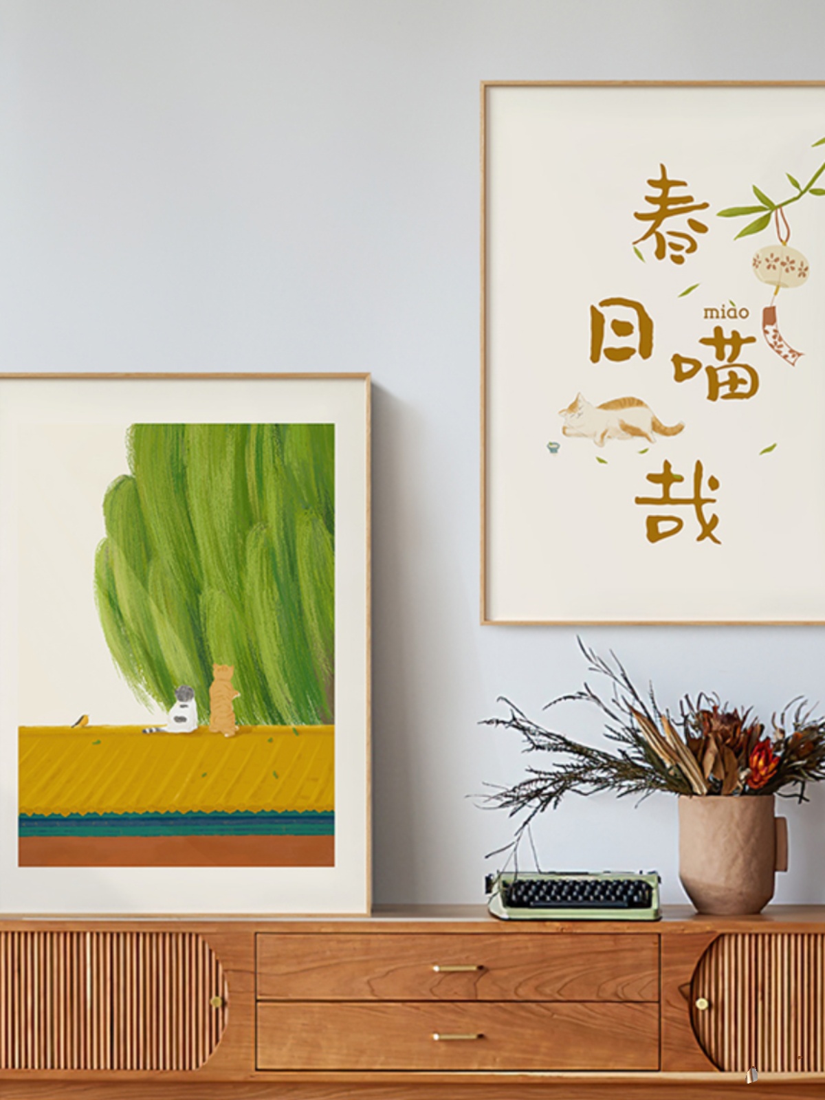 销现代简约装饰画新中式猫咪风景创意插画客厅卧室背景墙面挂画品图片