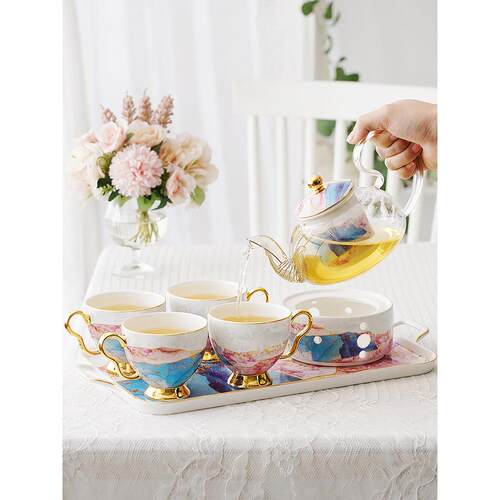 moyyo英式陶瓷玻璃花茶杯套装下午茶茶具茶壶带过滤蜡烛加热家用
