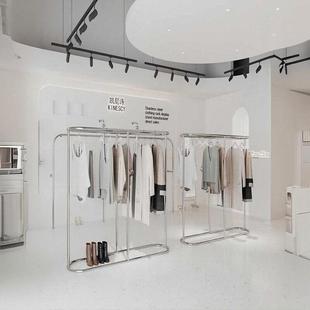 服装店加厚挂衣架简约椭圆形架不锈钢银色中岛架双排双杆展示架