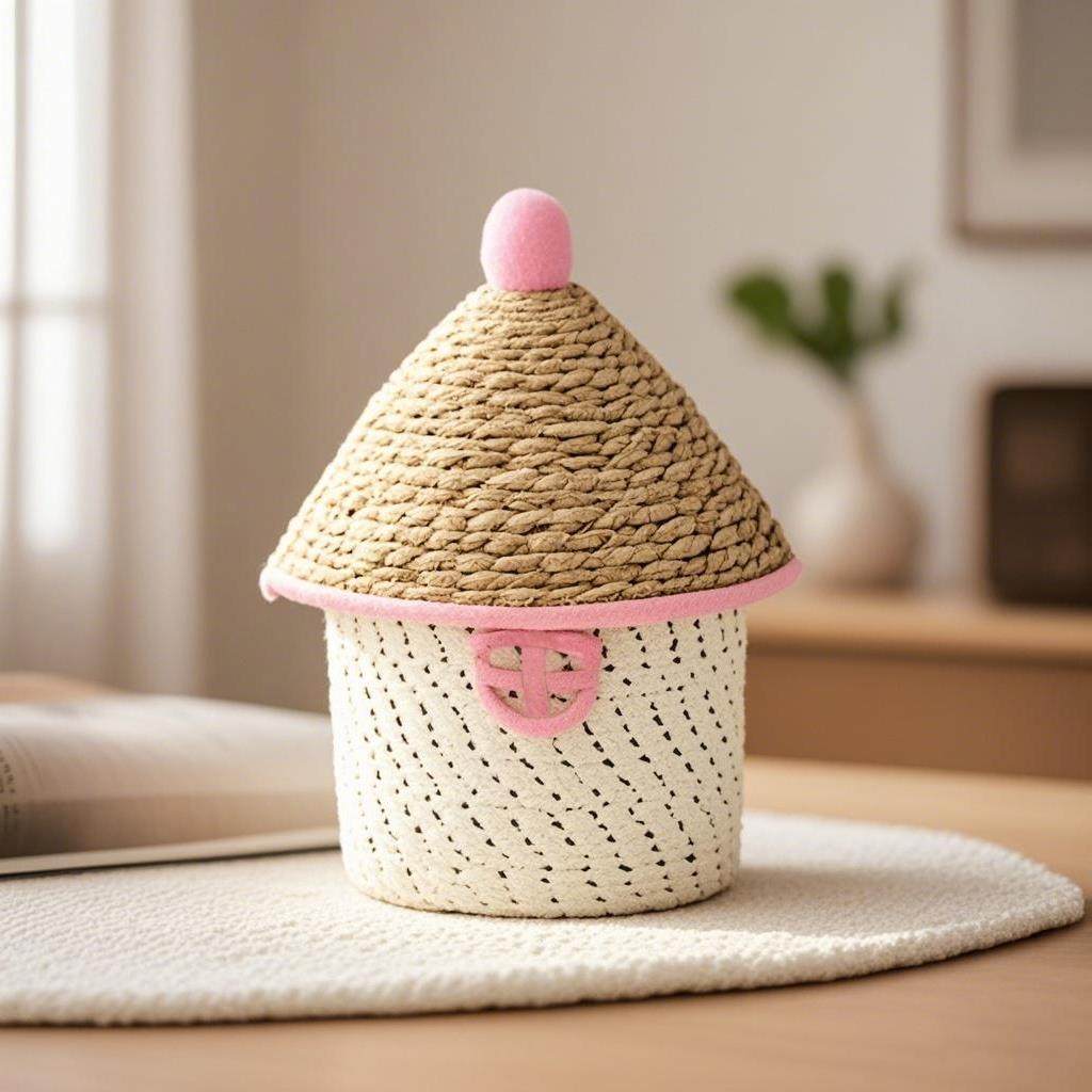 棉线编织收纳盒桌面带盖零食杂物整理篮卧室化妆品收纳玄关钥匙筐