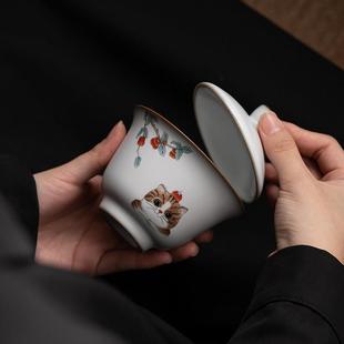 汝窑功夫茶具盖碗单个泡茶器手抓壶三才碗开片汝瓷猫咪茶具家用