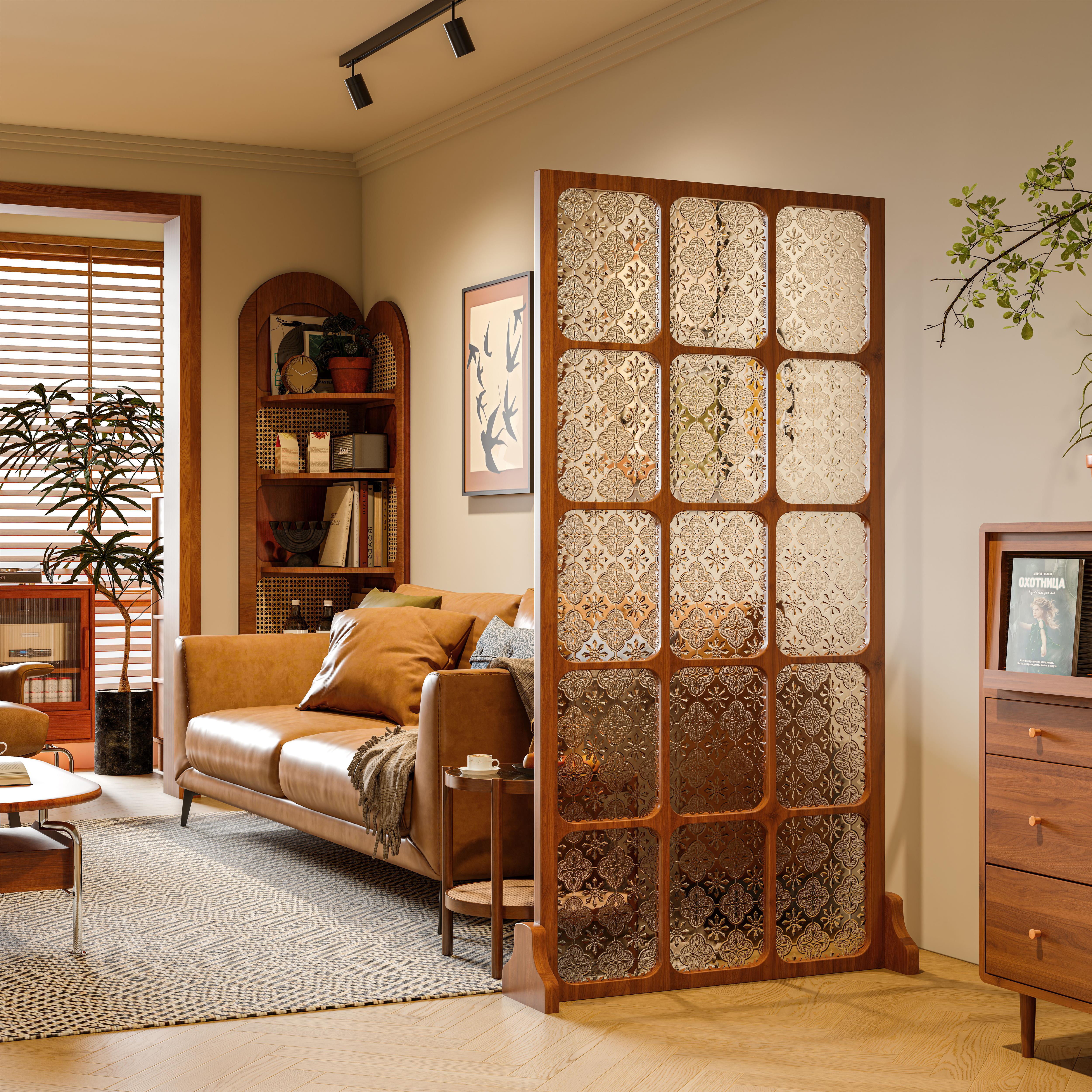 法式中古海棠玻璃实木屏风隔断家用客厅装饰沙发玄关遮挡移动座屏