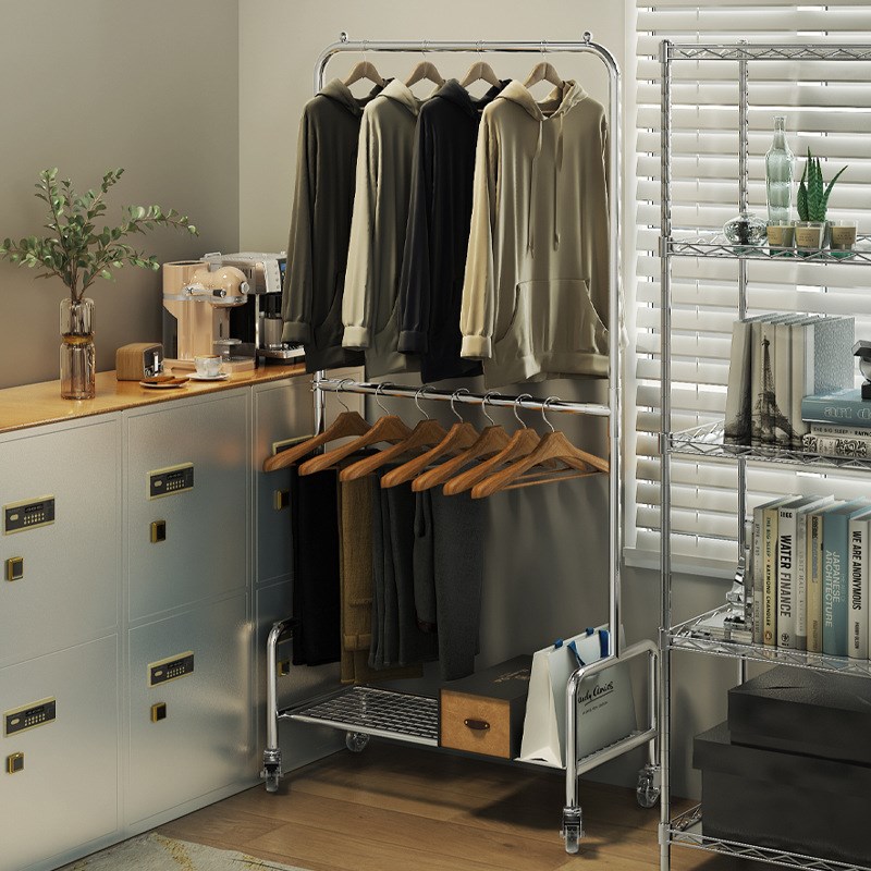 简易衣帽架上下双层晾衣架落地杆移动挂衣架子家用隔夜衣裤架