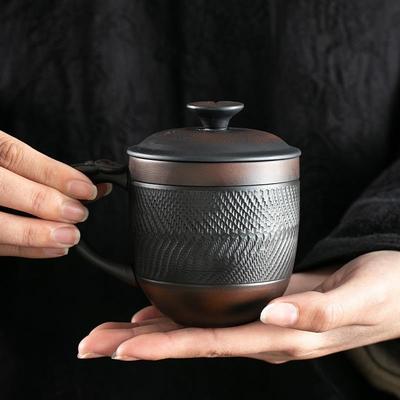 紫陶茶杯个人专用泡茶杯男士高档水杯陶瓷办公室家用带盖轻奢复古