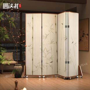 屏风折叠移动卧室客厅隔断酒店办公会所遮挡新中式竹子背景带滑轮
