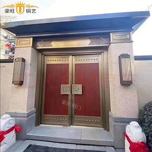 真铜门定做 紫铜别墅大门 上海铜门厂 艺术铜门 别墅对开铜门