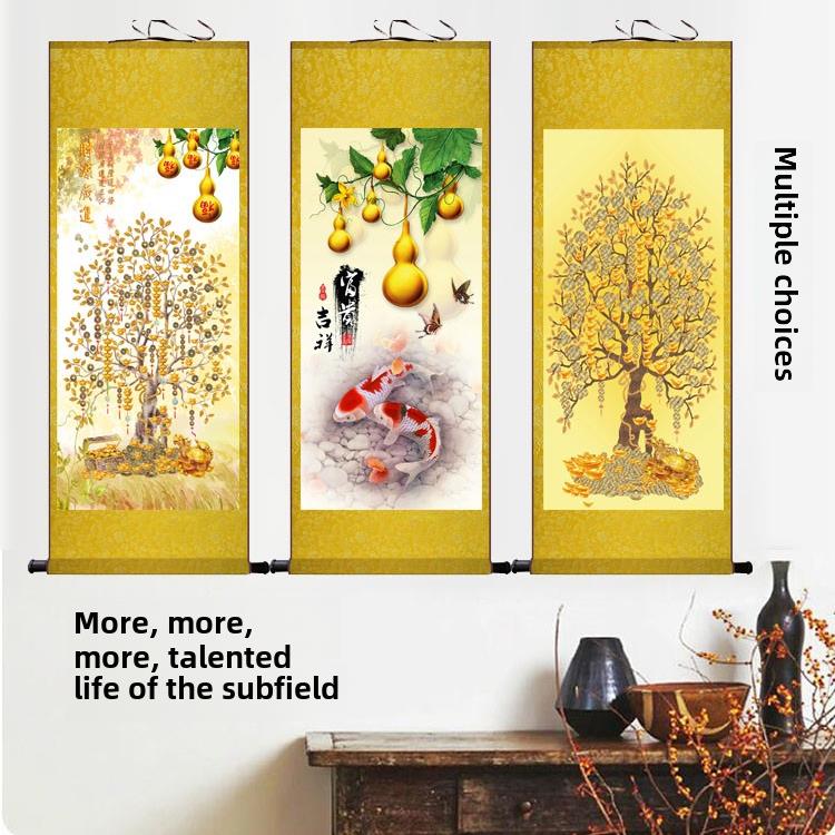 招财花鸟画发财树金葫芦玄关字画办公室挂画靠山背景卷轴丝绸壁画