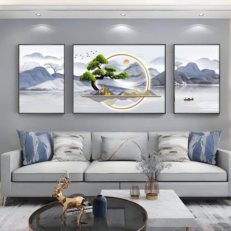客厅装饰画新中式沙发背景墙挂画轻奢高级感旭日东升山水三联壁画