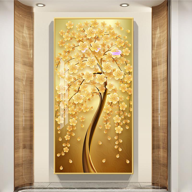 发财树玄关装饰画现代简约壁画入户进门背景墙走廊尽头过道挂画图片