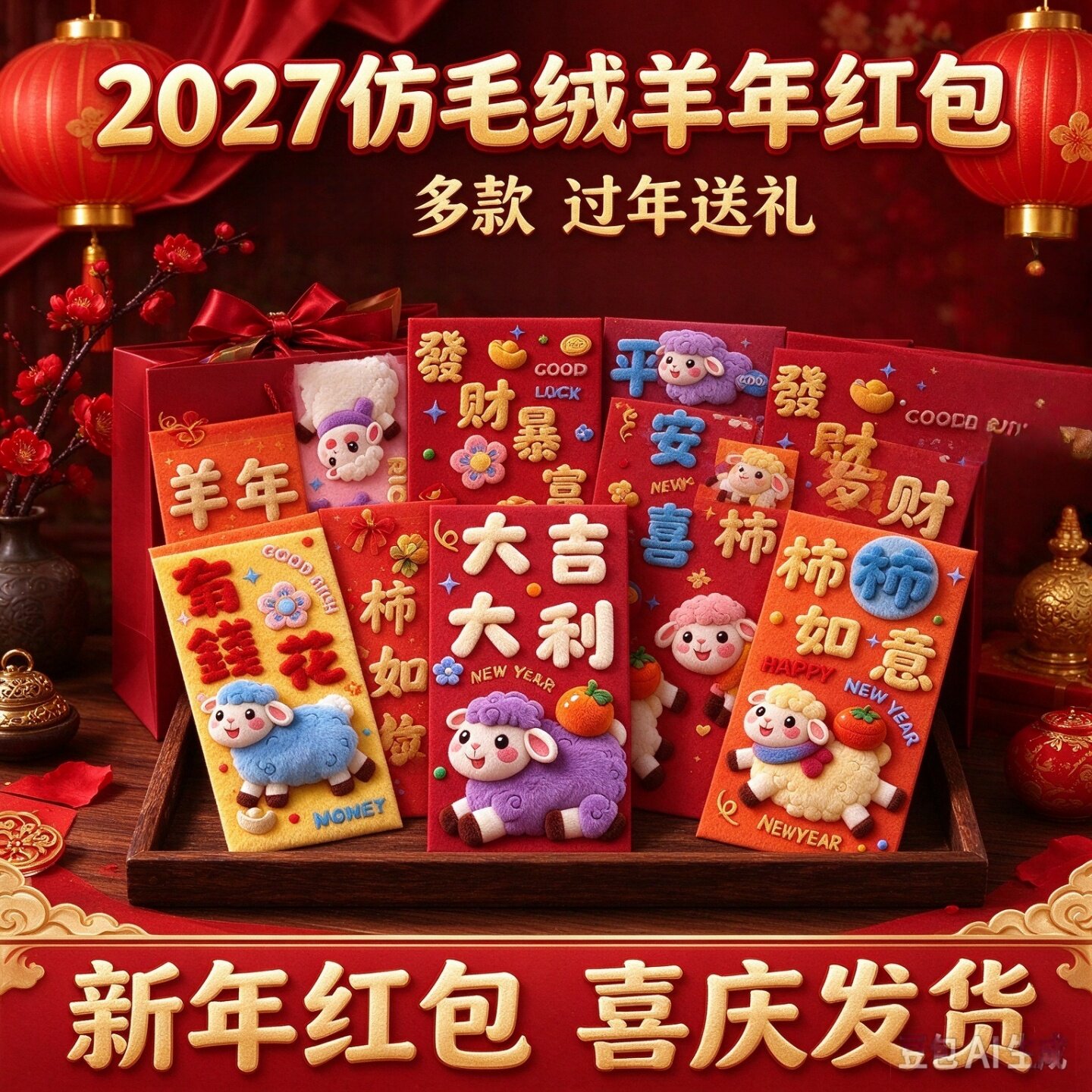 2027羊年3D仿刺绣毛绒利是封