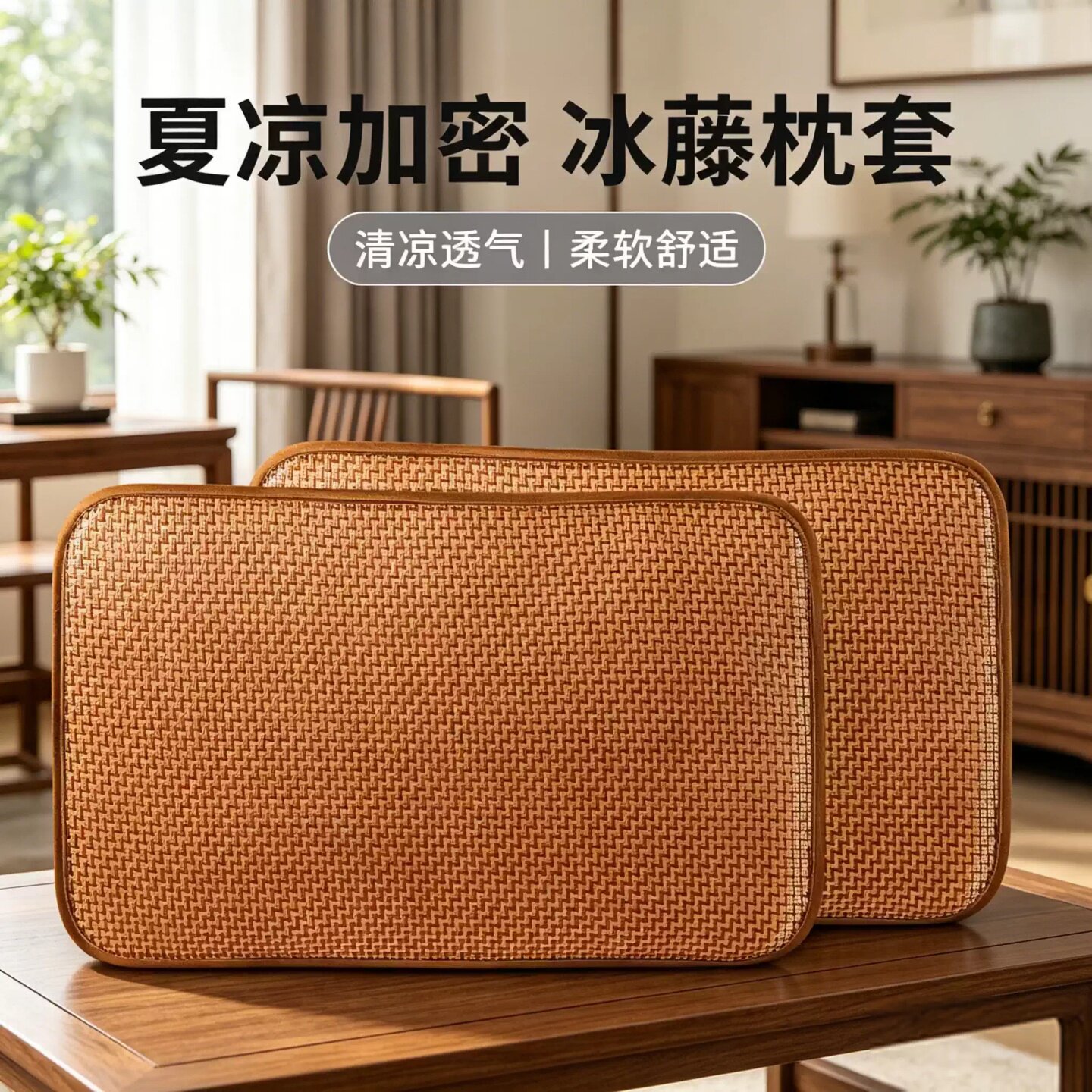 夏季冰丝藤席枕套一对可折叠