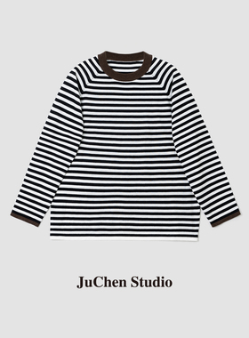 极细羊毛莱赛尔纱线 条纹撞咖色套头圆领宽松慵懒针织衫 FW11283