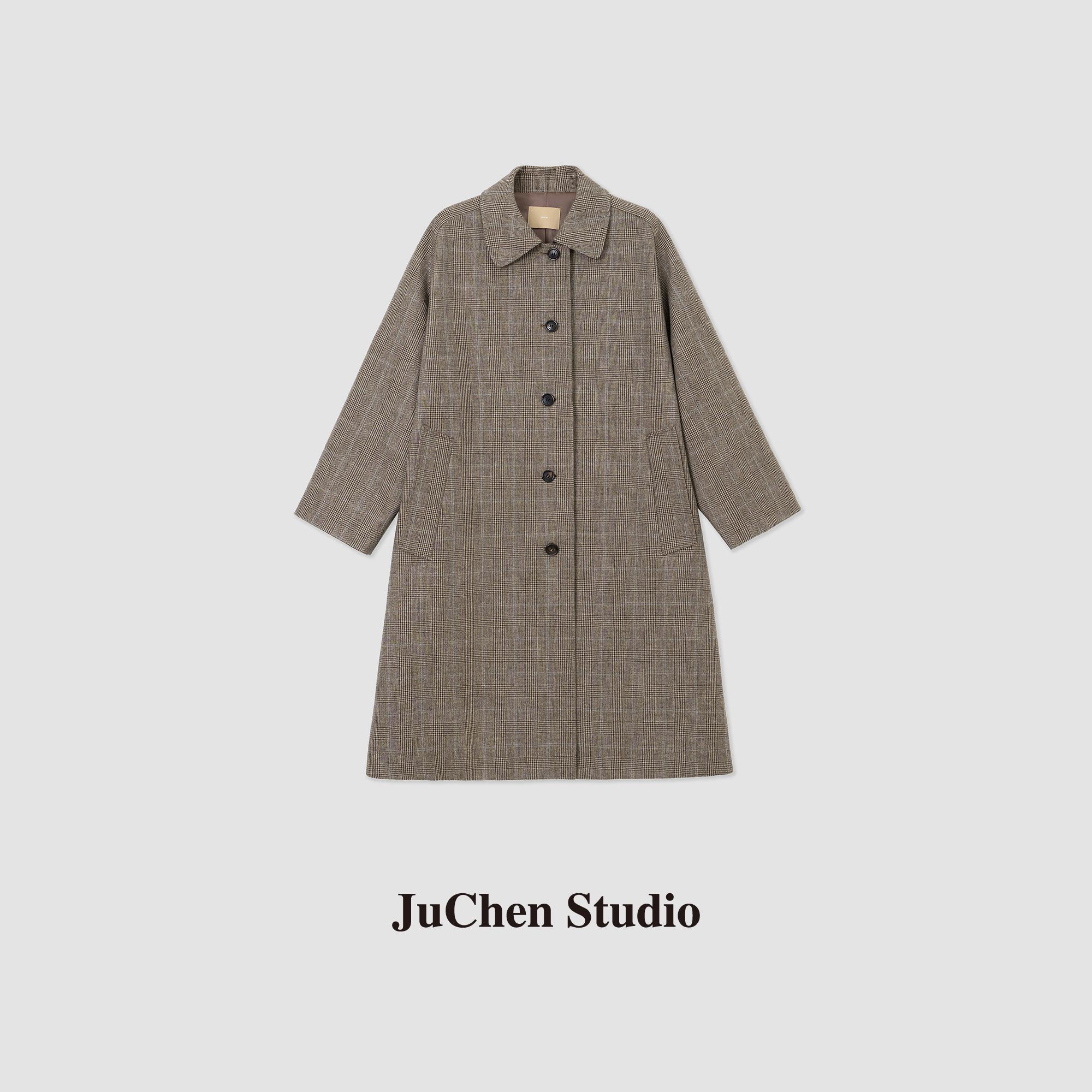 醋酸羊毛通勤格纹单排扣大衣外套