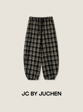 日系气球萝卜裤秋冬羊毛+棉微皱肌理松紧腰格子休闲裤 FW105430