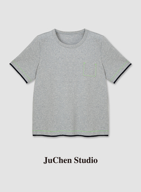 未完成创意剪裁索罗纳明线层次感花纱撞色显瘦短袖T恤SS013575