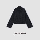 995 高克重绞花廓形高领毛衣DW2306085 黑芝麻糖 羊绒羊毛混纺