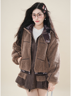 胡萝卜假两件仿羔羔绒拼皮裙摆外套冬季新款overs百搭宽松外套