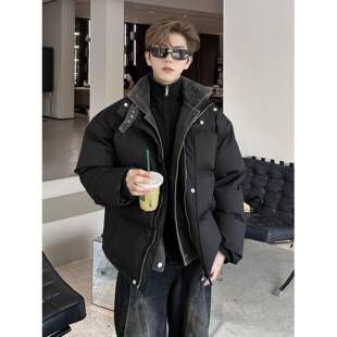 假两件牛仔拼接羽绒服男款冬季韩版面包服轻奢高级感立领棉衣外套