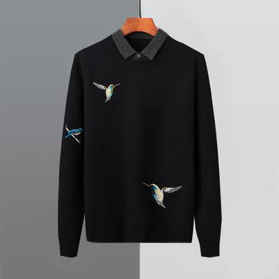 秋冬新款假两件毛衣男加绒加厚衬衫领针织衫男潮流刺绣小鸟打底衫