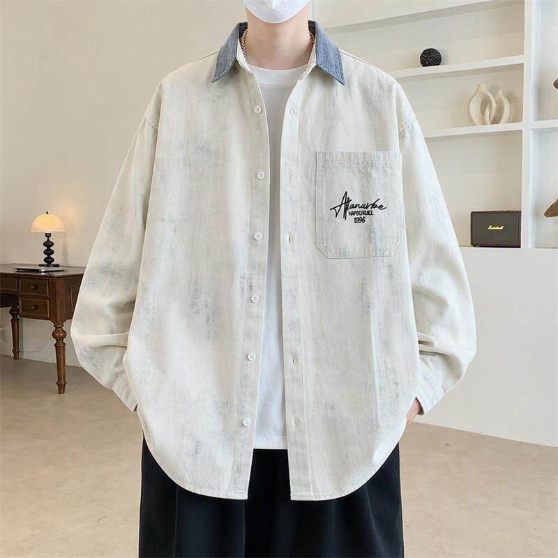 拼色衬衫男装春秋季新款学生翻领纯棉外套帅气夹克男士衬衣服潮牌