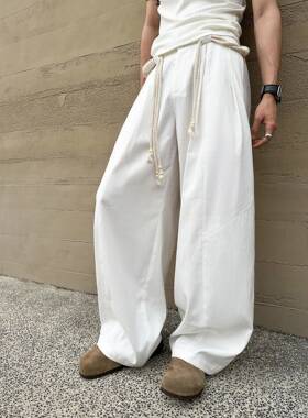 DBW Doublewin白色阔腿休闲裤男小众设计宽松垂感弯刀型工装裤子