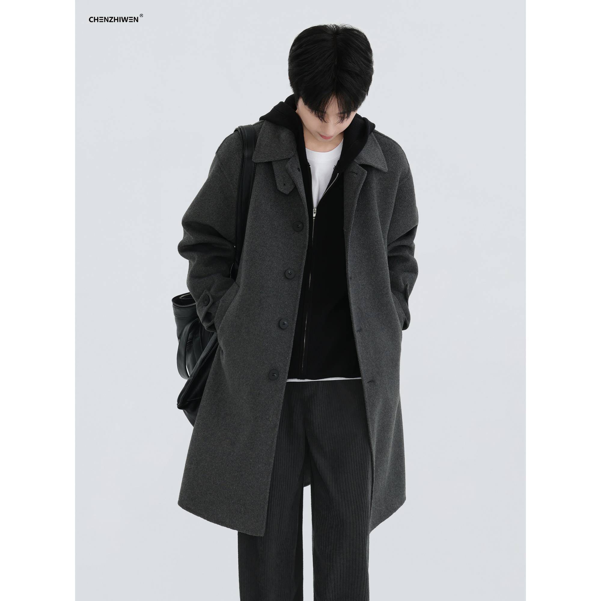 陈智文冬季新款羊毛双面毛呢子灰色高级感翻领中长款大衣外套男士