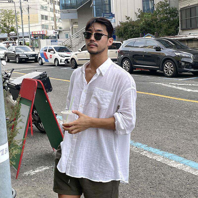 碧舍夏季新款韩版透气衬衫休闲 宽松棉麻料男士衬衫薄款青年外套