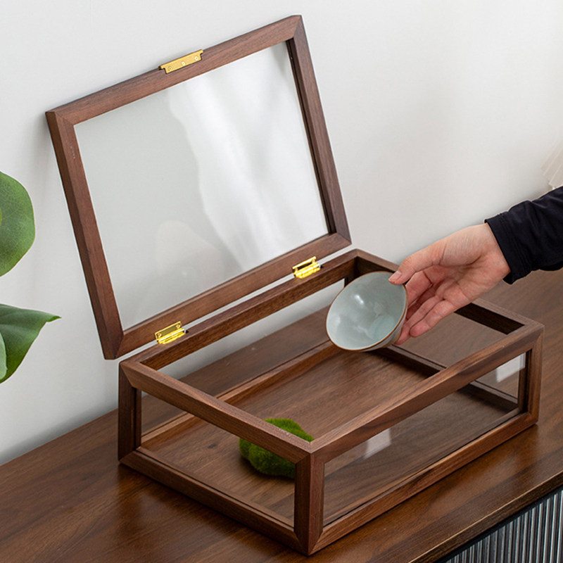 胡桃木五面玻璃柜茶具收纳盒防尘透明桌面整理盒子展示柜中式柜子